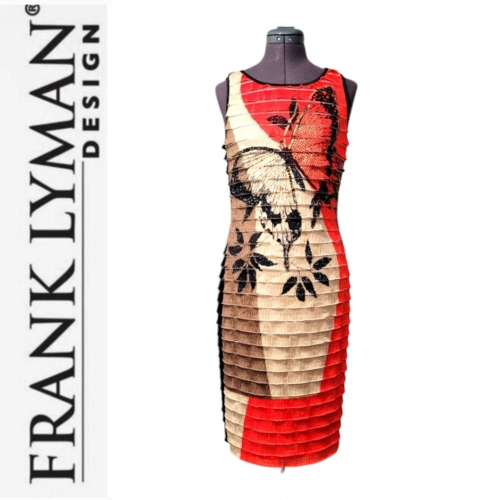 SZ6 FRANK LYMAN Red Beige Black Tiered Stretchy Butterfly Dress Gold details